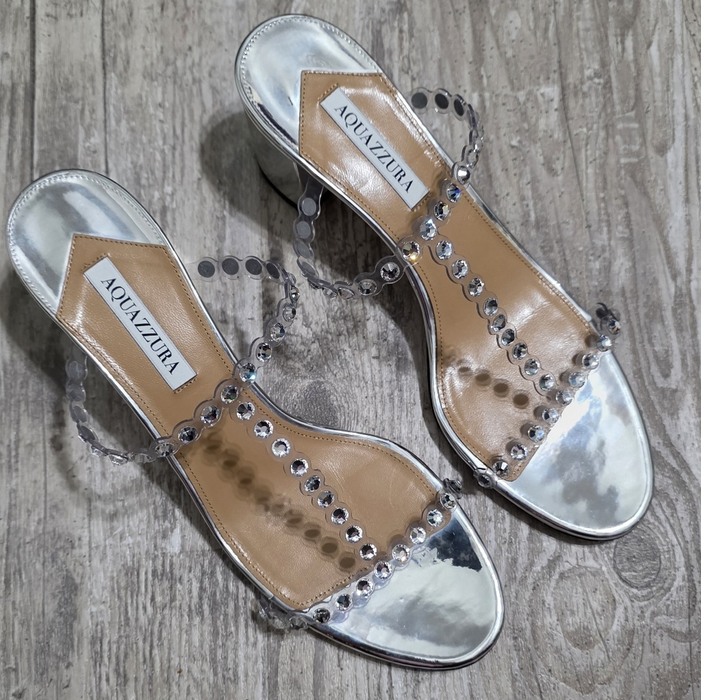 Aquazzura Sandals Tequila Crystal (Reconditioned) Blingy Block Heel Size 12 - Picture 7 of 14
